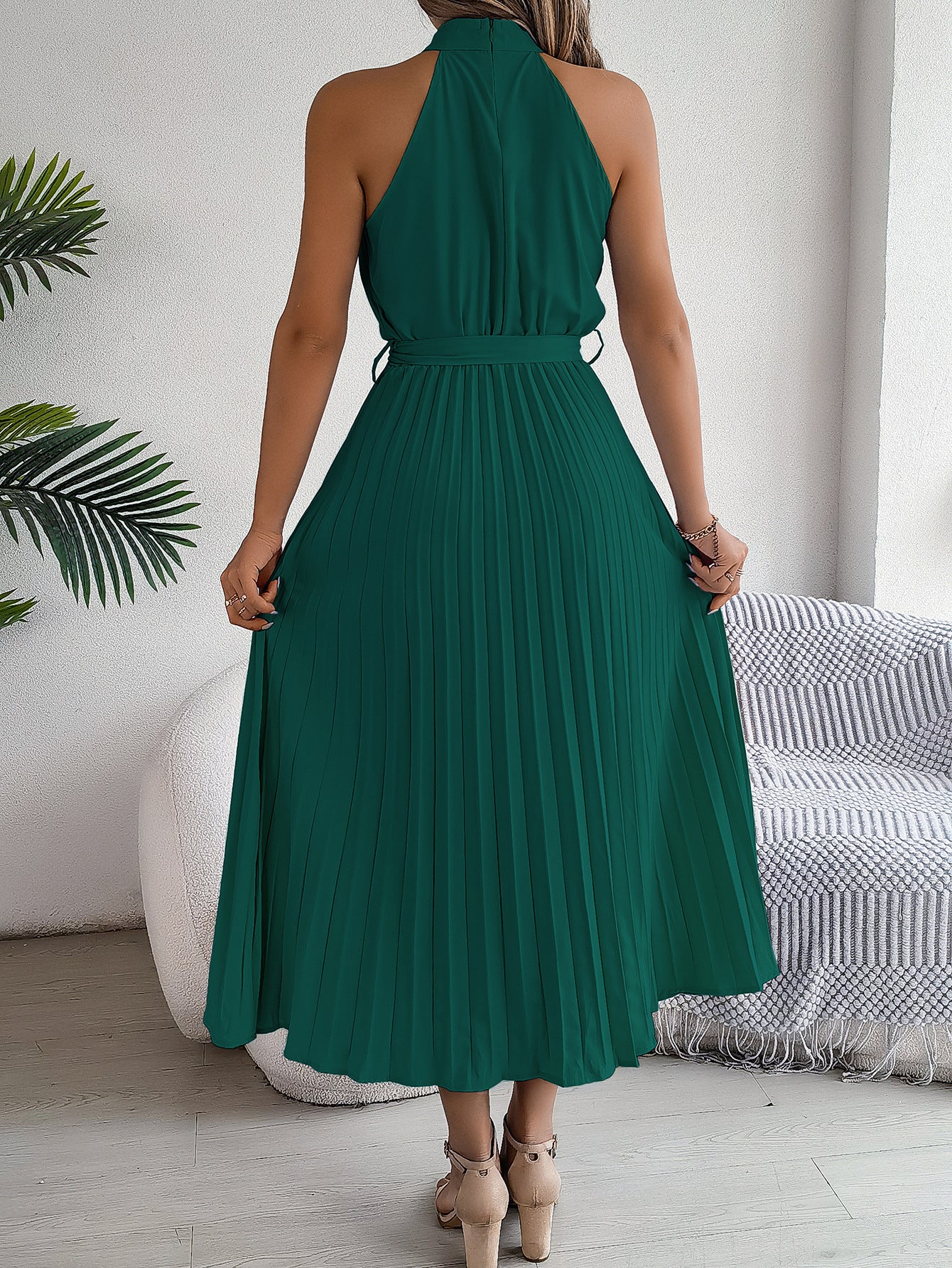 Solid Halter Neck Accordion Pleated Fit and Flare Dress