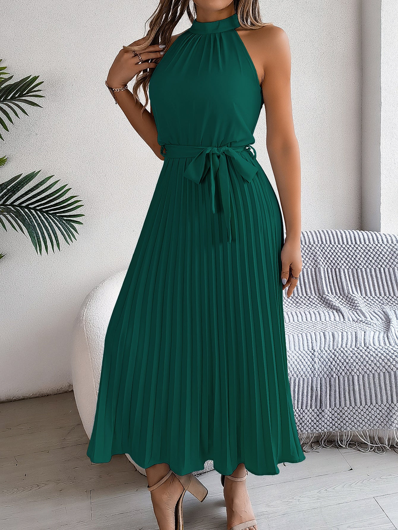Solid Halter Neck Accordion Pleated Fit and Flare Dress