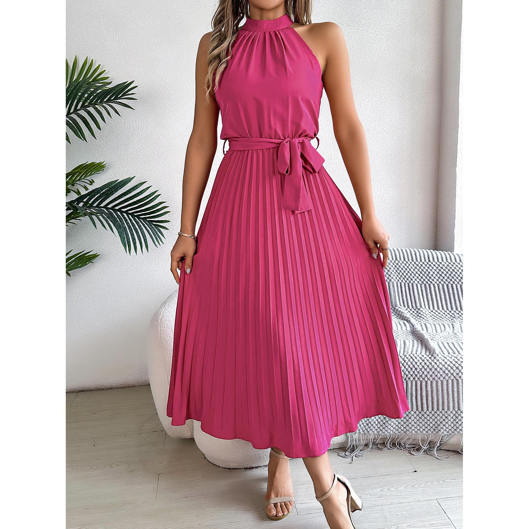 Women Halter Neck Accordion Pleats Fit and Flare Dress