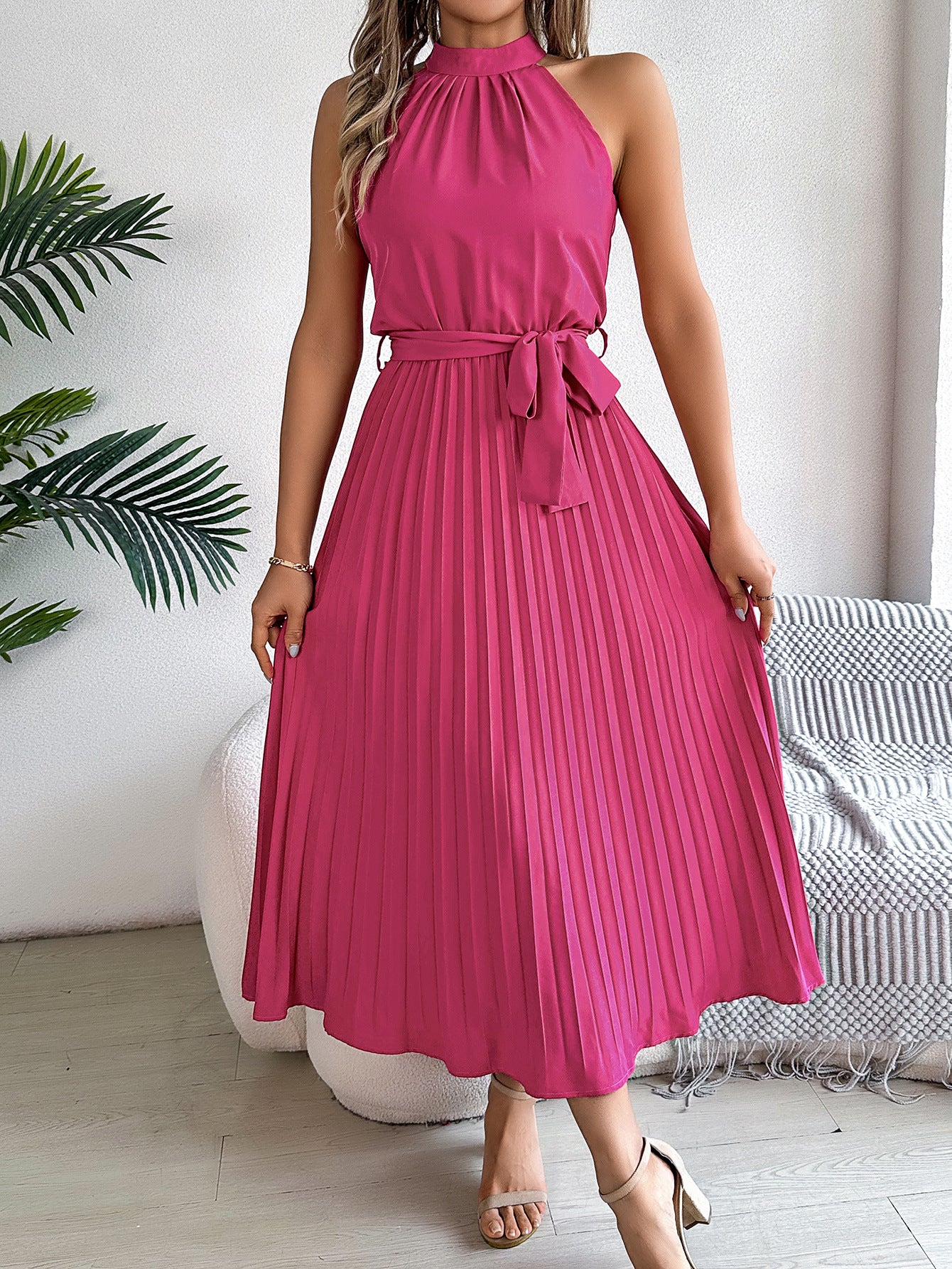 Women Halter Neck Accordion Pleats Fit and Flare Dress