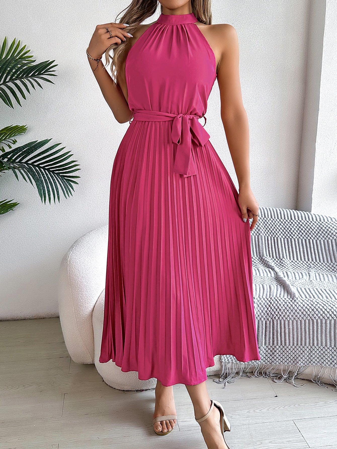 Women Halter Neck Accordion Pleats Fit and Flare Dress