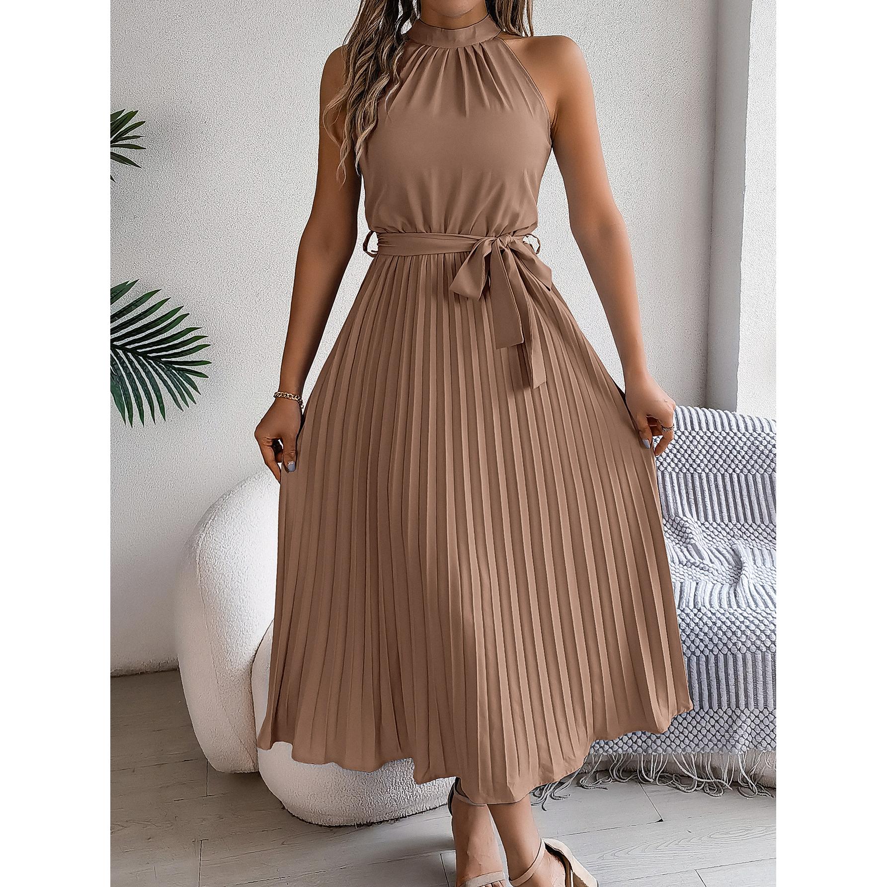 Striped Chiffon Halter Neck Accordion Pleats Fit and Flare Maxi Dress