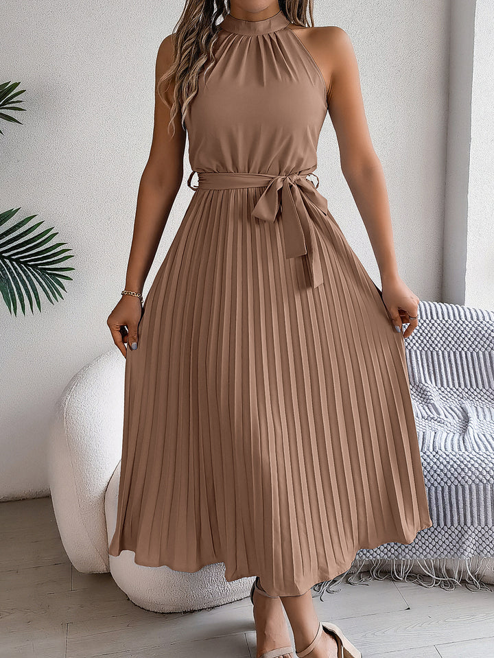 Striped Chiffon Halter Neck Accordion Pleats Fit and Flare Maxi Dress