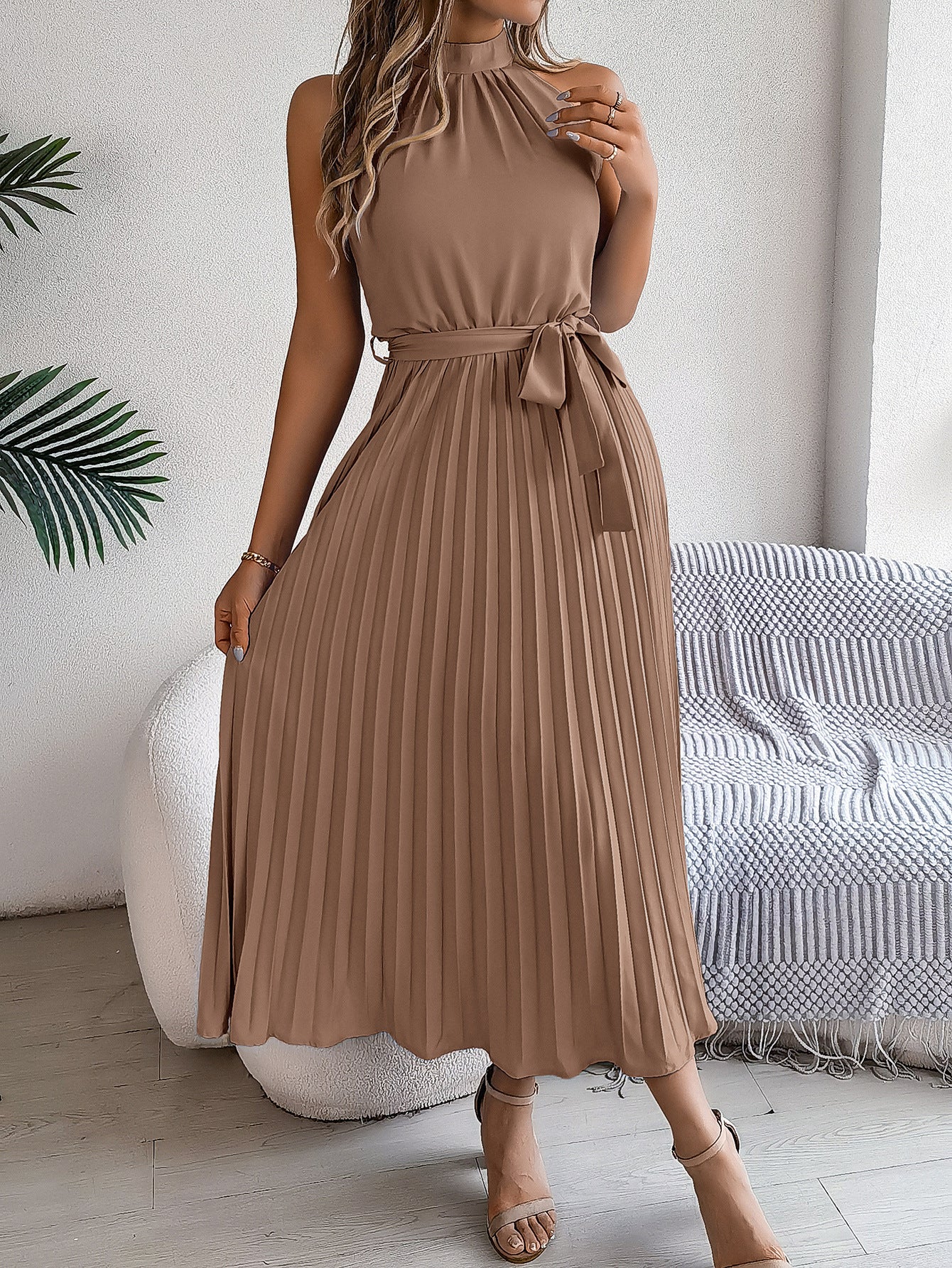 Striped Chiffon Halter Neck Accordion Pleats Fit and Flare Maxi Dress