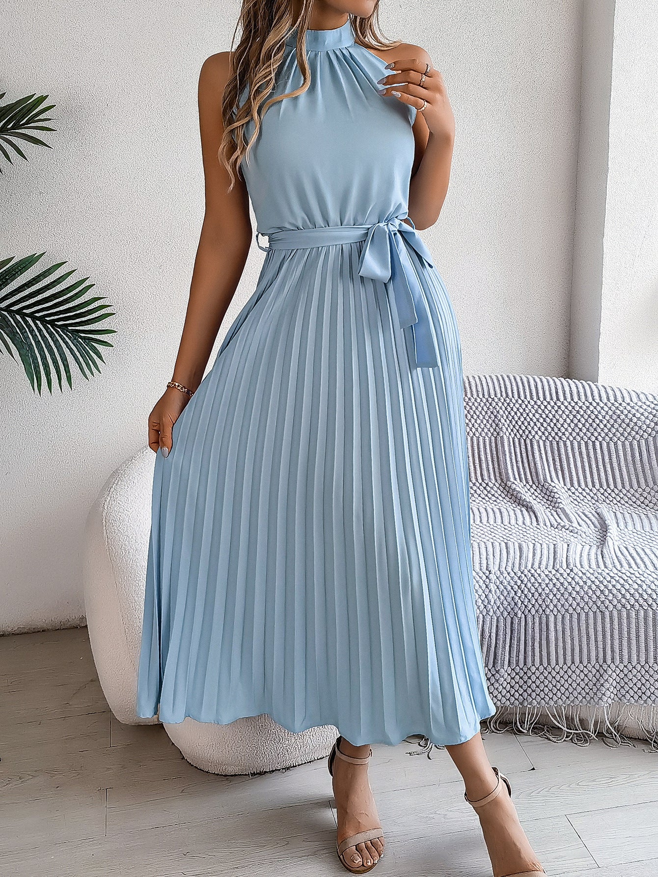 Solid Accordion Pleats Fit and Flare Dress