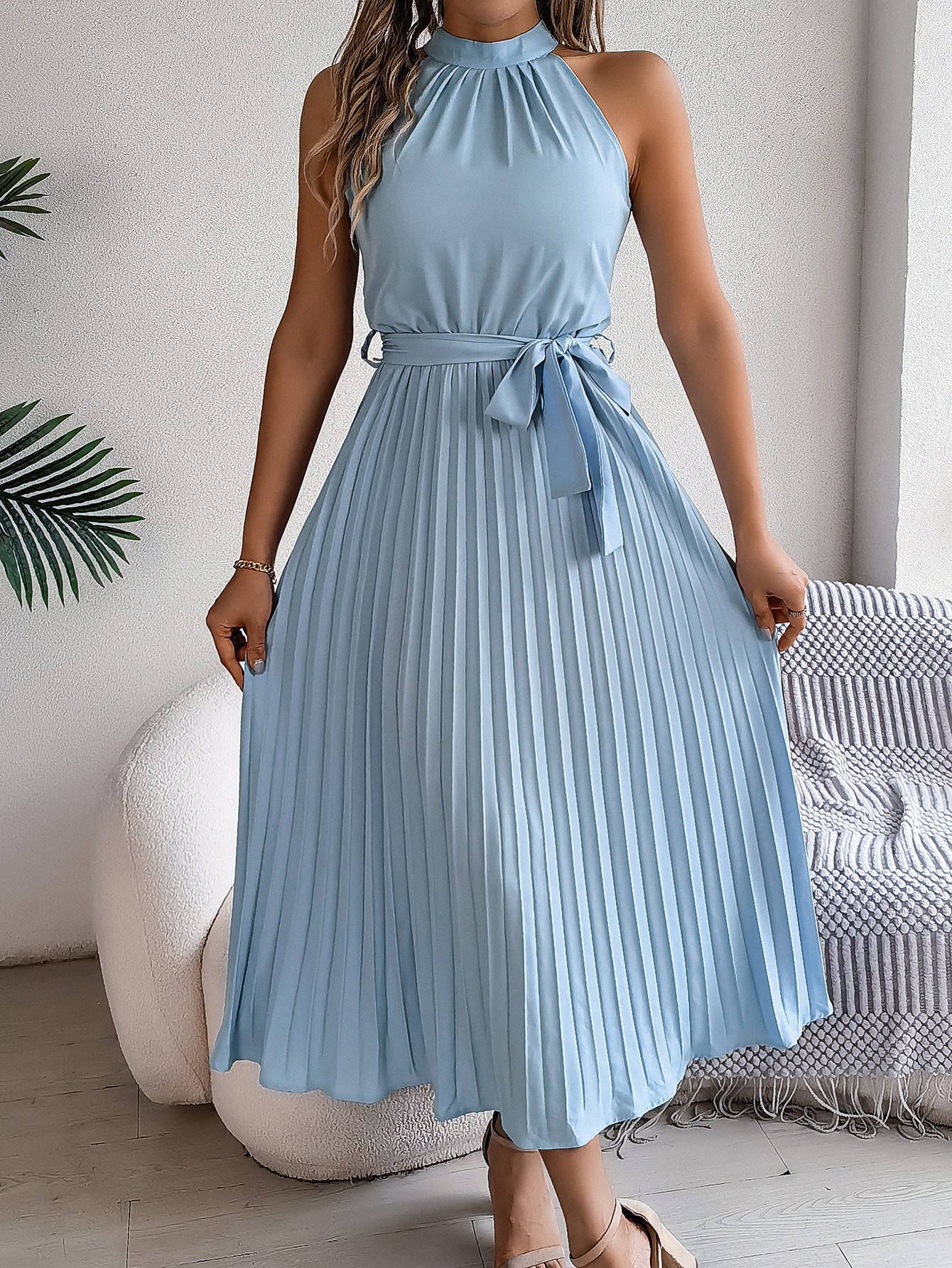 Solid Accordion Pleats Fit and Flare Dress