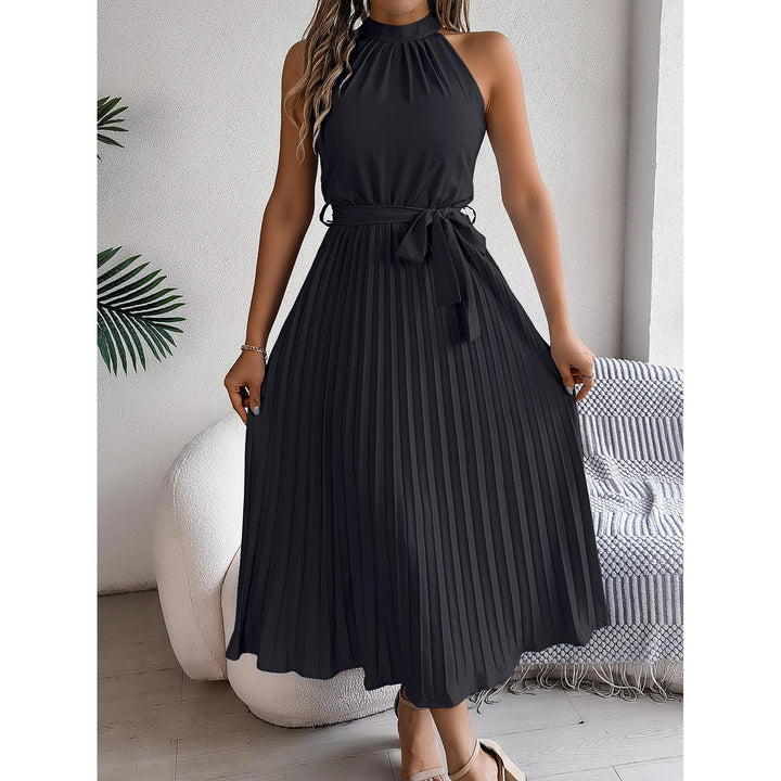 Women Halter Neck Accordion Pleats Maxi Fit and Flare Dress
