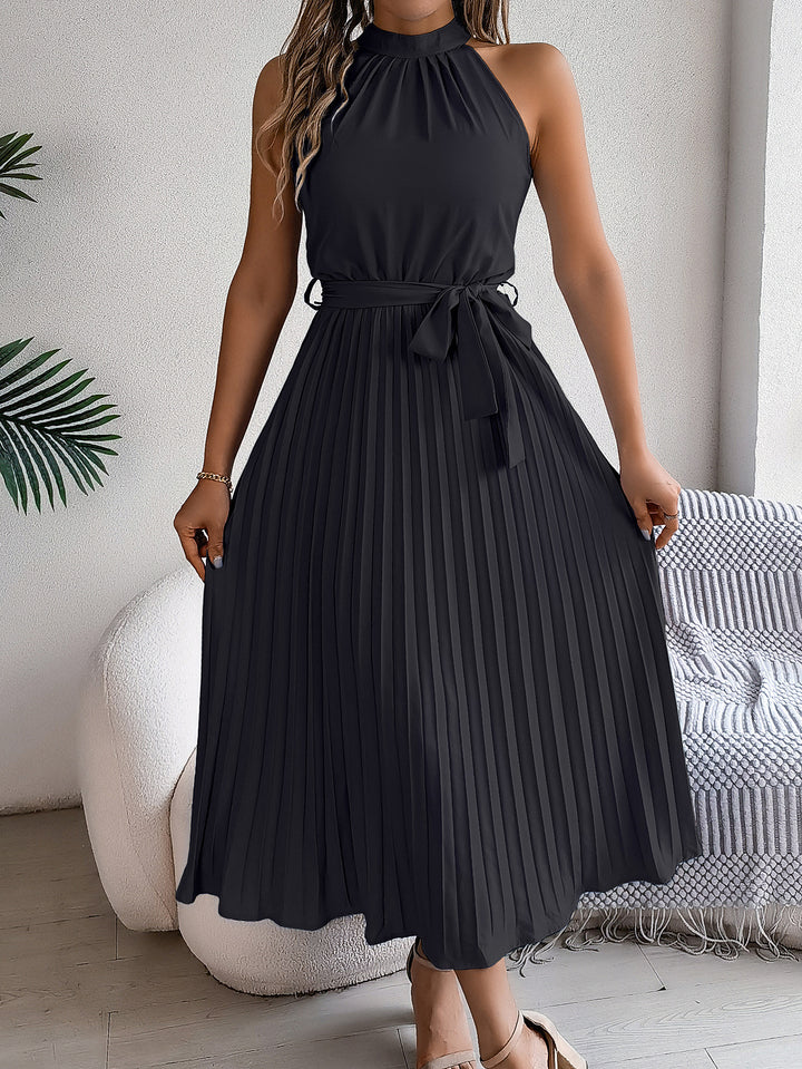 Women Halter Neck Accordion Pleats Maxi Fit and Flare Dress