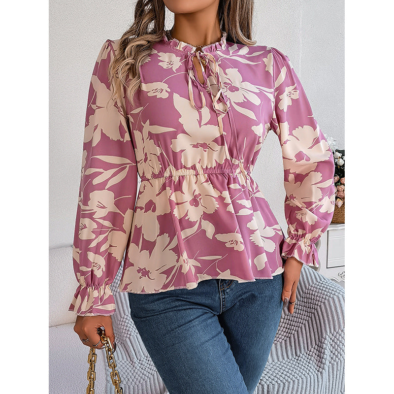 Floral Printed Tie-Up Neck Peplum Top