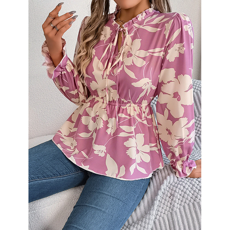 Floral Printed Tie-Up Neck Peplum Top