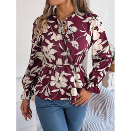 Maroon Floral Printed Tie-Up Neck Puff Sleeve Top