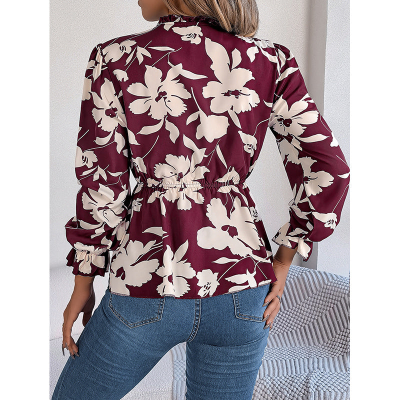 Maroon Floral Printed Tie-Up Neck Puff Sleeve Top