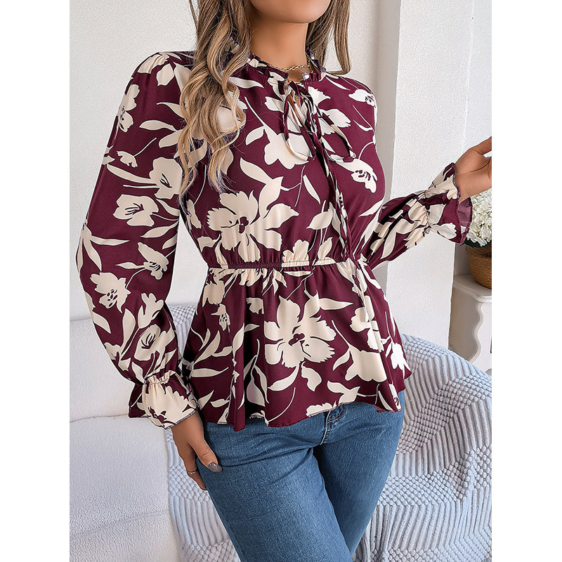 Maroon Floral Printed Tie-Up Neck Puff Sleeve Top