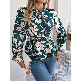 Green Floral Printed Tie-Up Neck Peplum Top