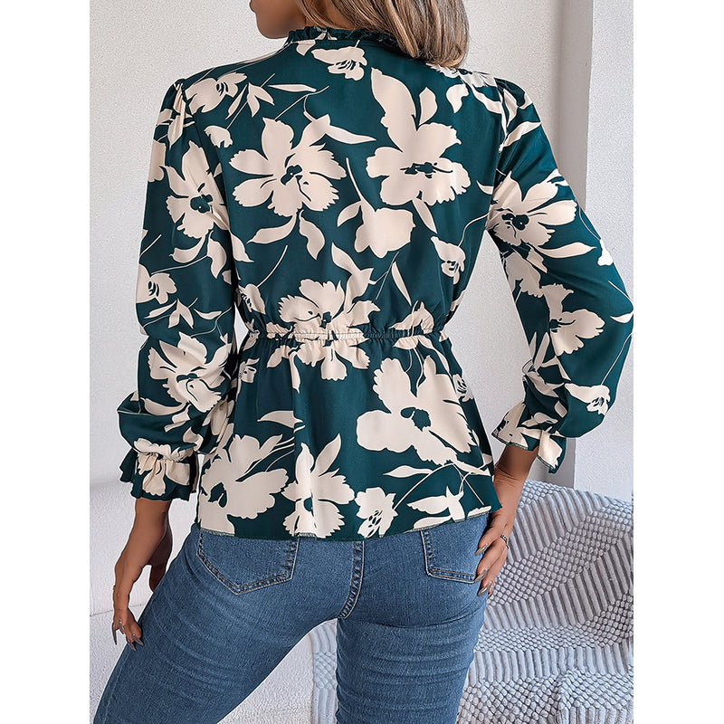 Green Floral Printed Tie-Up Neck Peplum Top