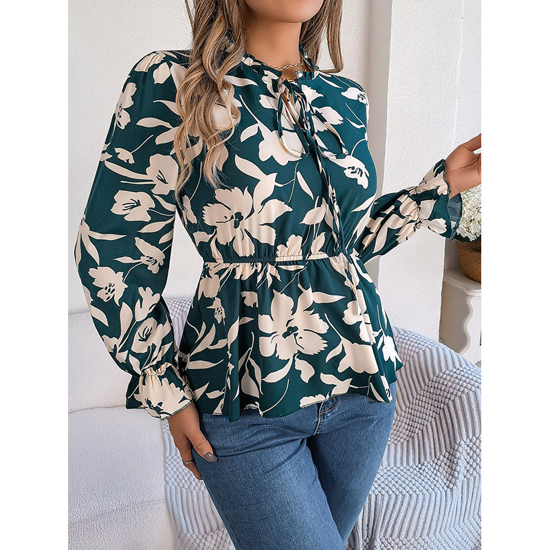Green Floral Printed Tie-Up Neck Peplum Top