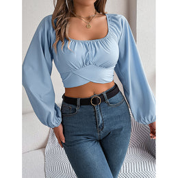 Blue Square Neck Puff Sleeves Fitted Crop Top