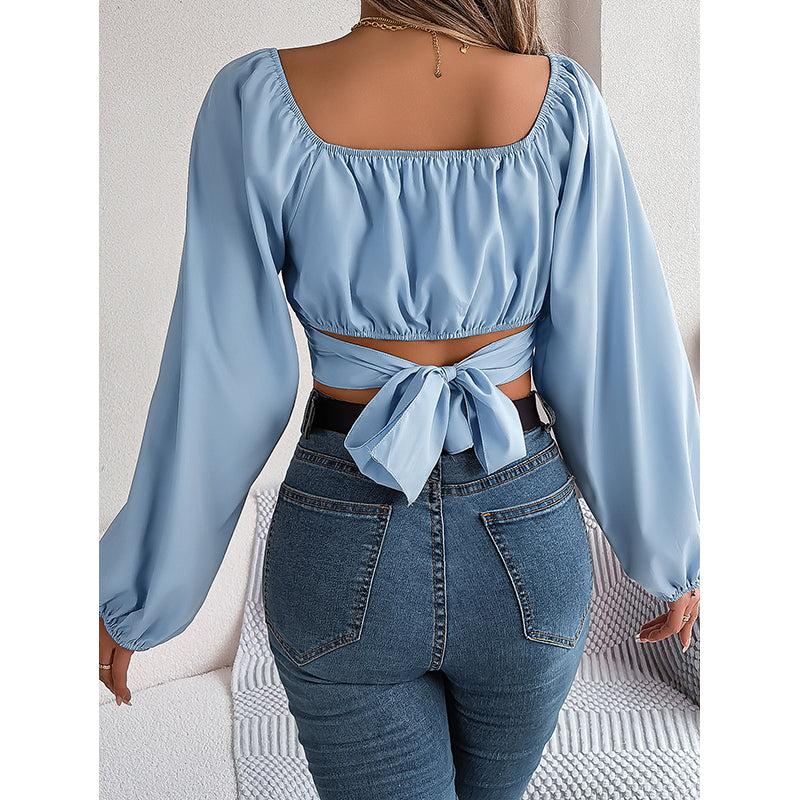 Blue Square Neck Puff Sleeves Fitted Crop Top