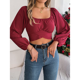 Maroon Square Neck Puff Sleeve Crop Top