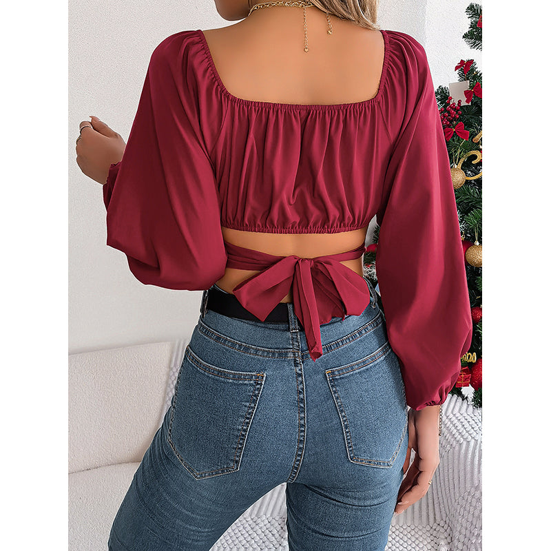 Maroon Square Neck Puff Sleeve Crop Top