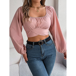 Square Neck Long Sleeves Crop Top