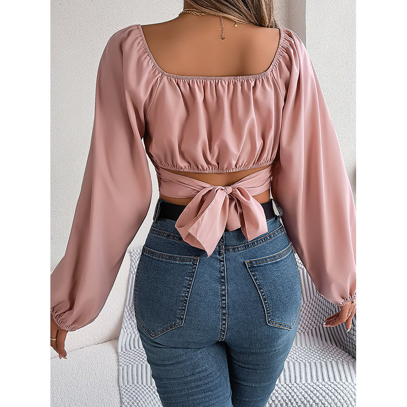Square Neck Long Sleeves Crop Top