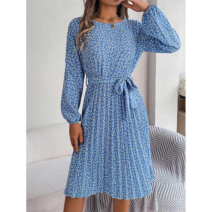 Blue Floral Print Accordion Pleats A-Line Midi Dress
