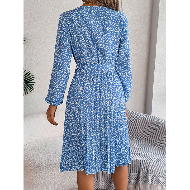 Blue Floral Print Accordion Pleats A-Line Midi Dress
