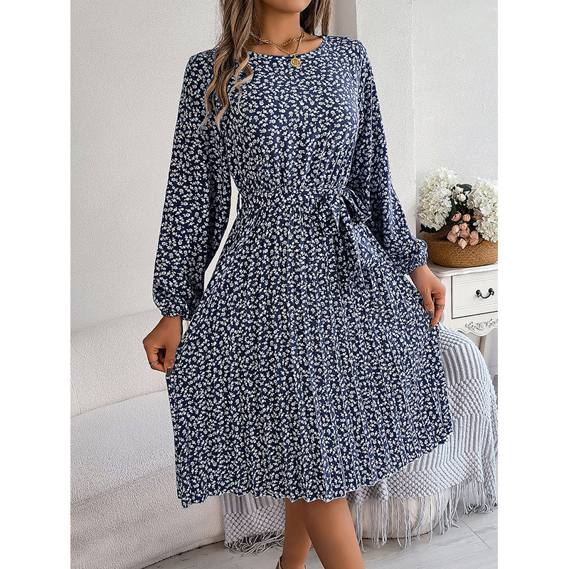 Navy Blue Floral Printed Tie-Up Accordion Pleats Fit and Flare Dress