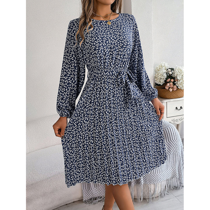 Navy Blue Floral Printed Tie-Up Accordion Pleats Fit and Flare Dress