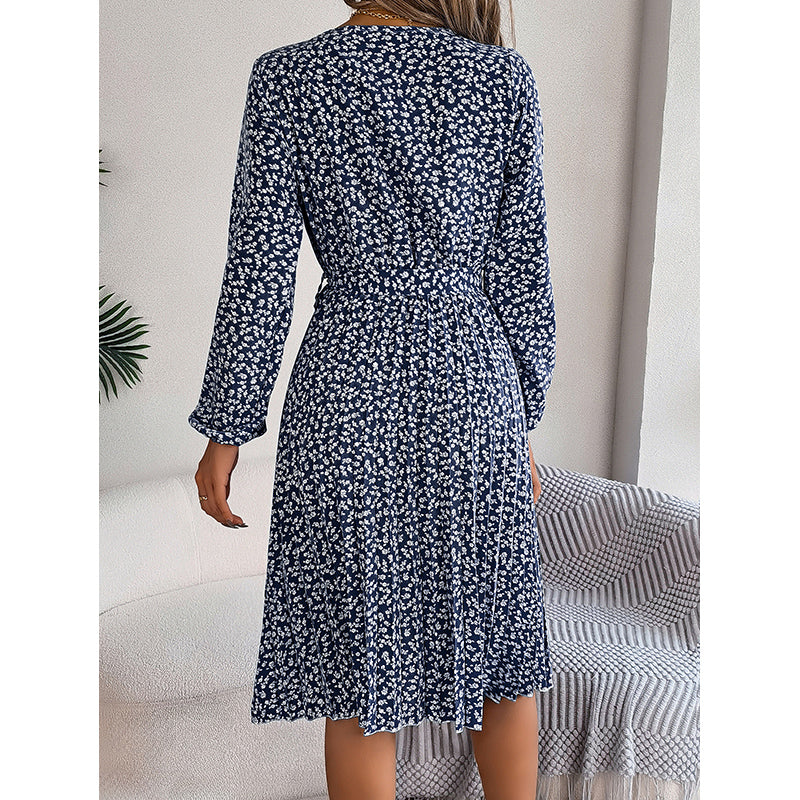 Navy Blue Floral Printed Tie-Up Accordion Pleats Fit and Flare Dress