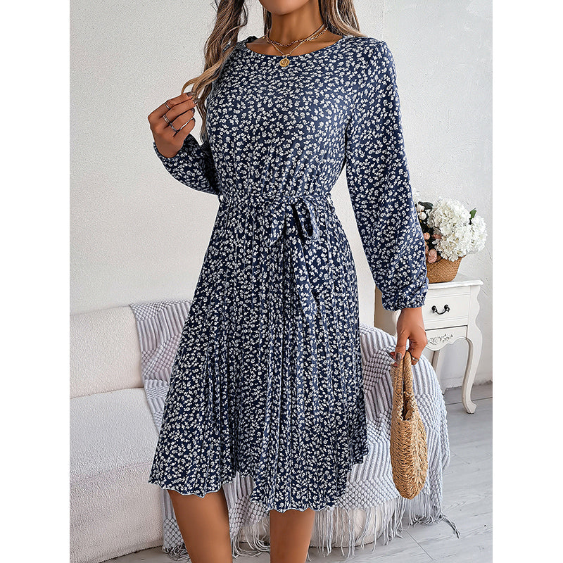 Navy Blue Floral Printed Tie-Up Accordion Pleats Fit and Flare Dress