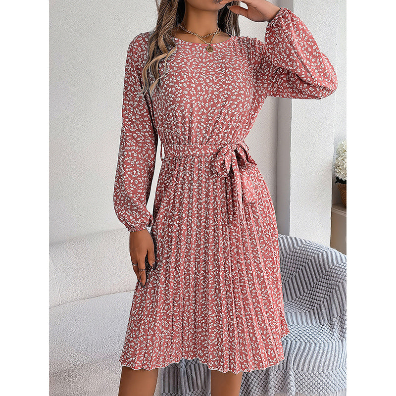 Pink Floral Print Accordion Pleats A-Line Midi Dress