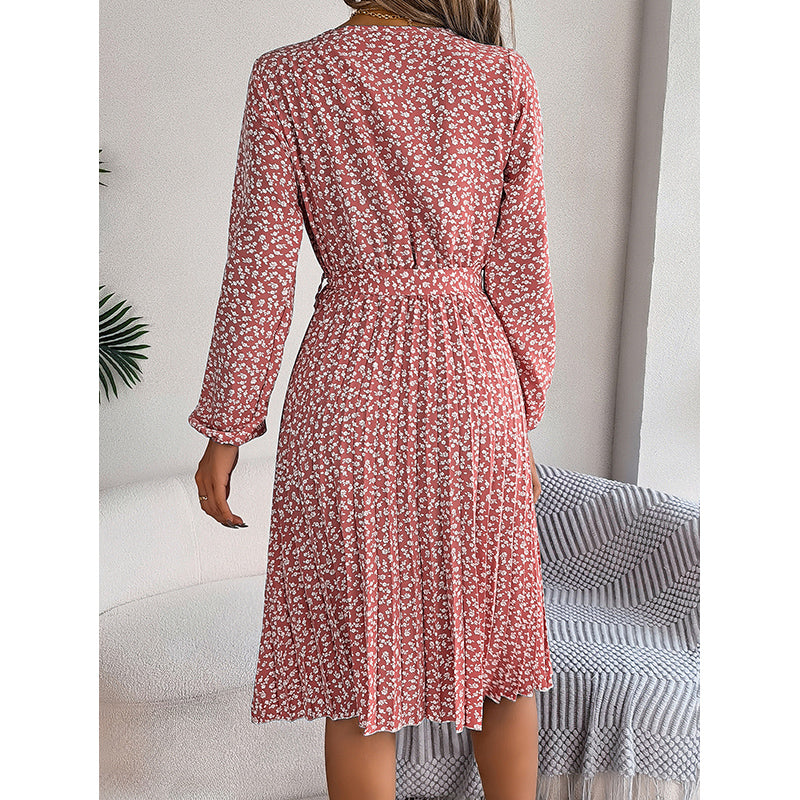 Pink Floral Print Accordion Pleats A-Line Midi Dress