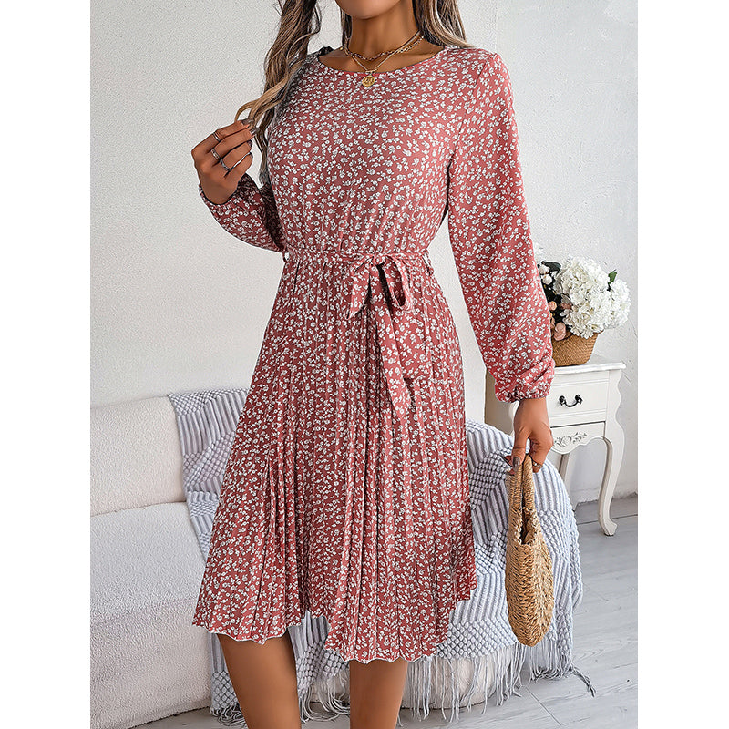 Pink Floral Print Accordion Pleats A-Line Midi Dress