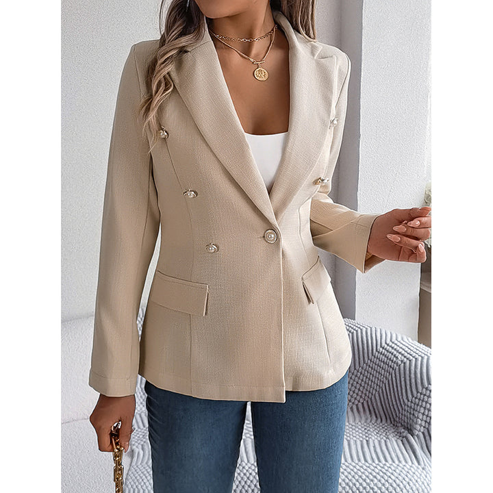 Beige Notched Lapel Double Breasted Blazers