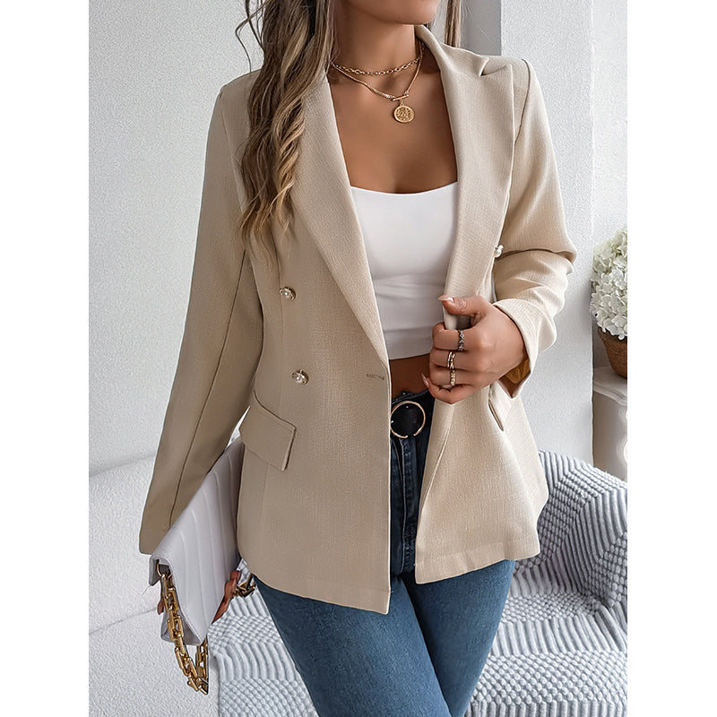 Beige Notched Lapel Double Breasted Blazers