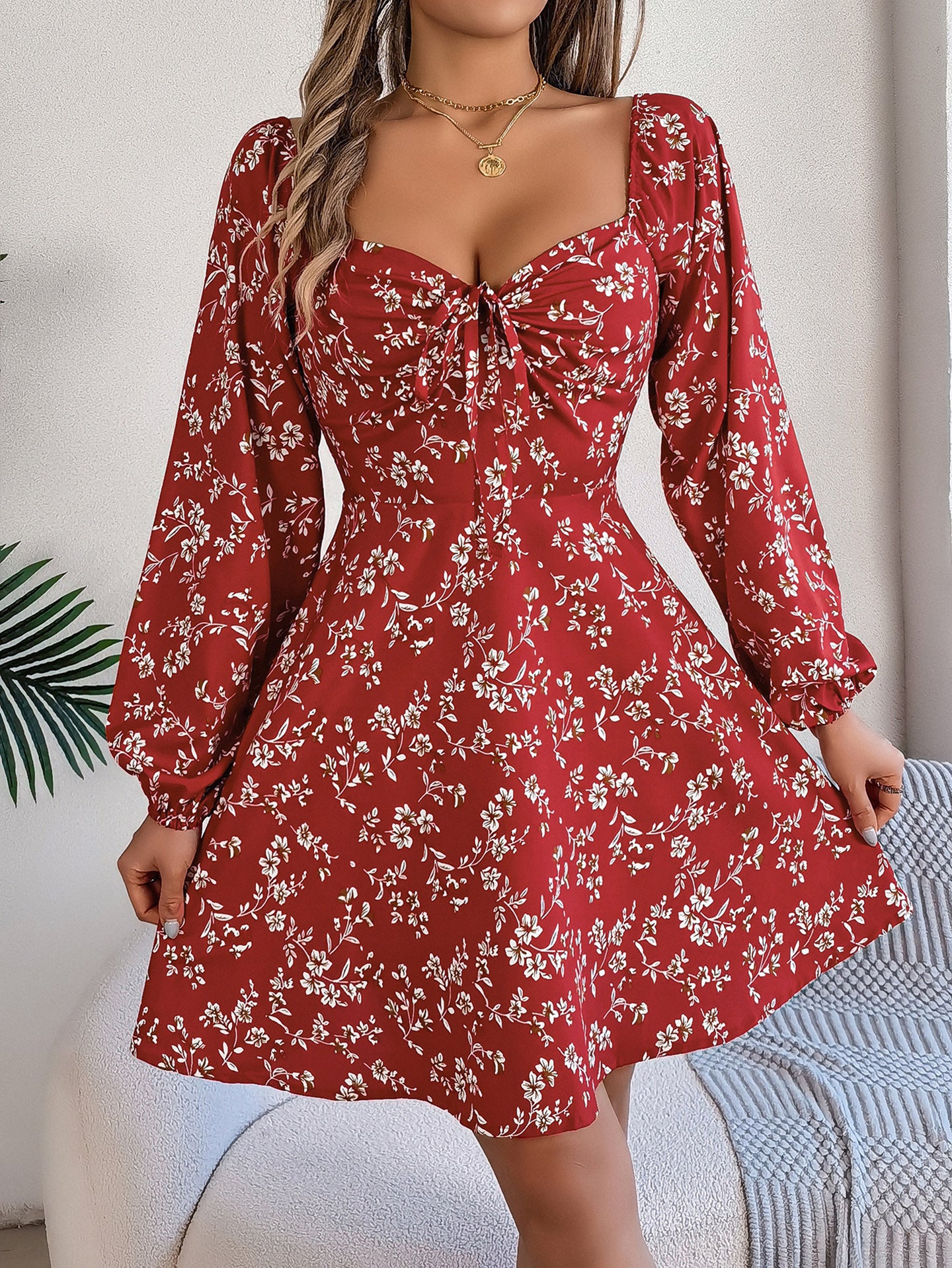 StyleCast Maroon Floral A-Line Mini Dress
