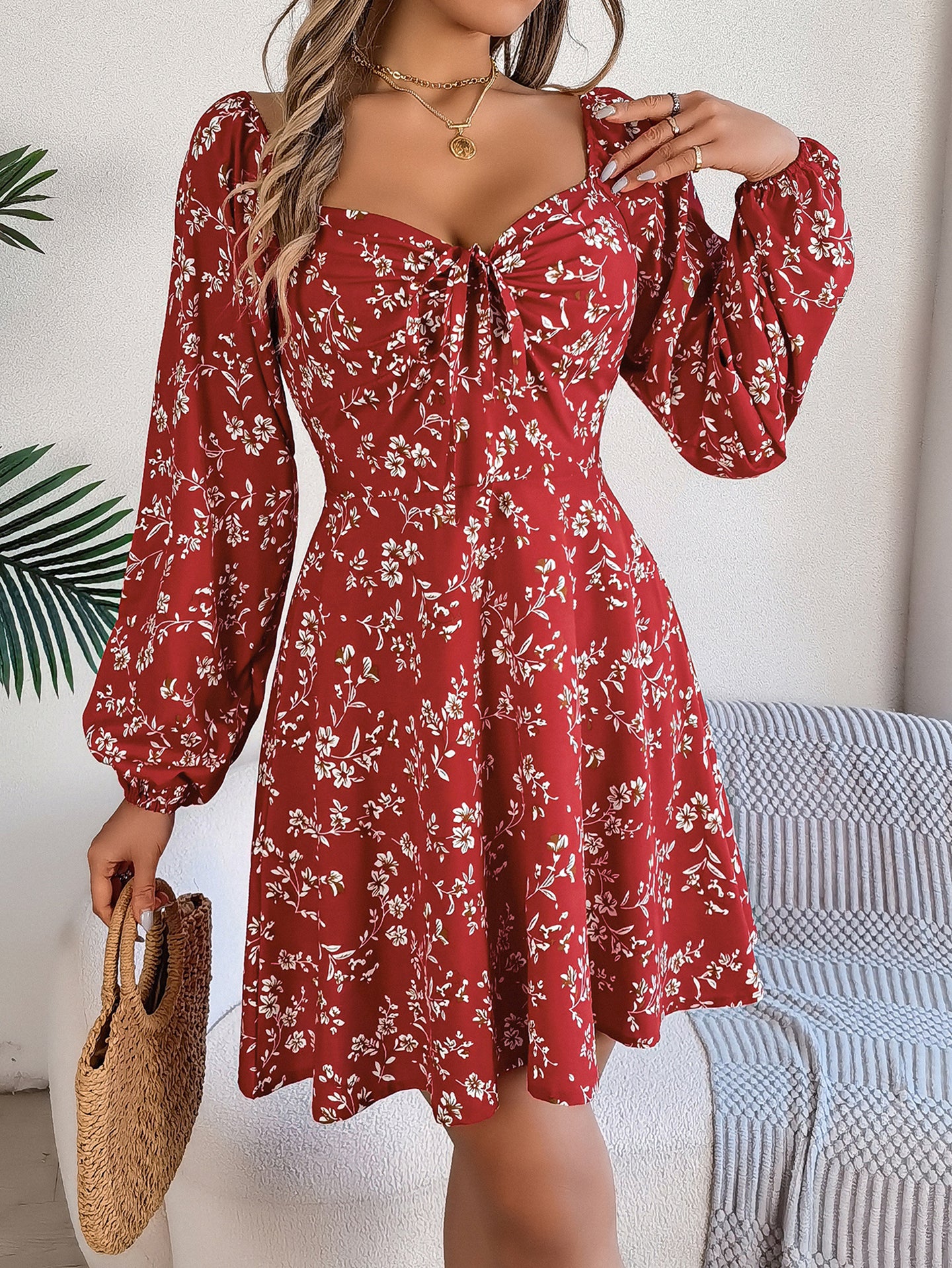 StyleCast Maroon Floral A-Line Mini Dress
