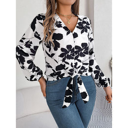 Women Floral V-Neck Shirt Collar Top