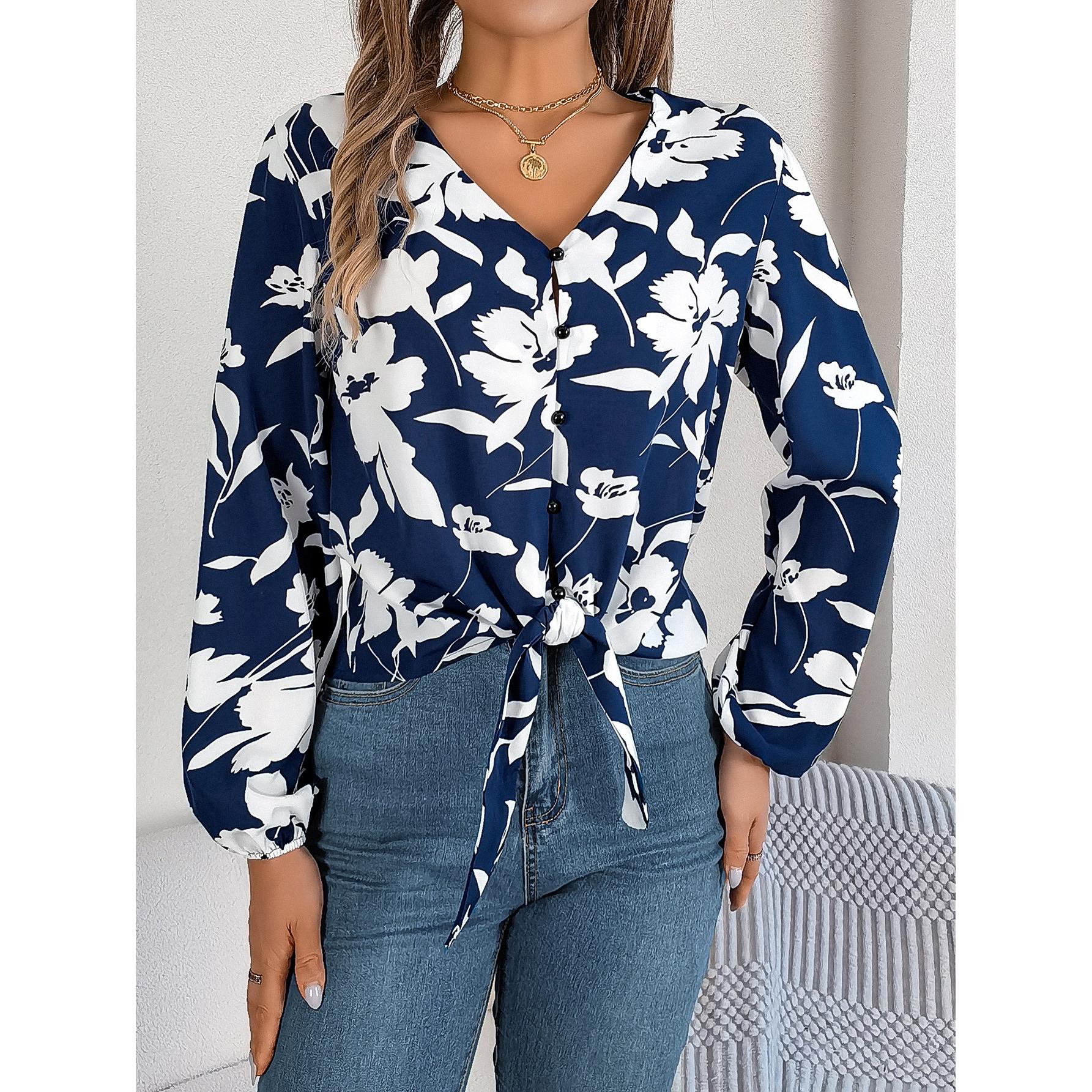 Women Floral V-Neck Shirt Collar Top