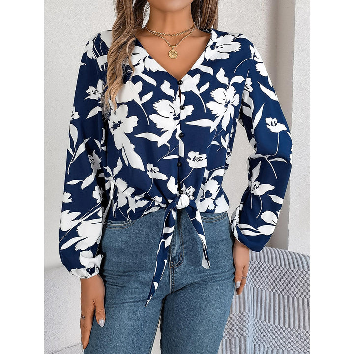 Women Floral V-Neck Shirt Collar Top