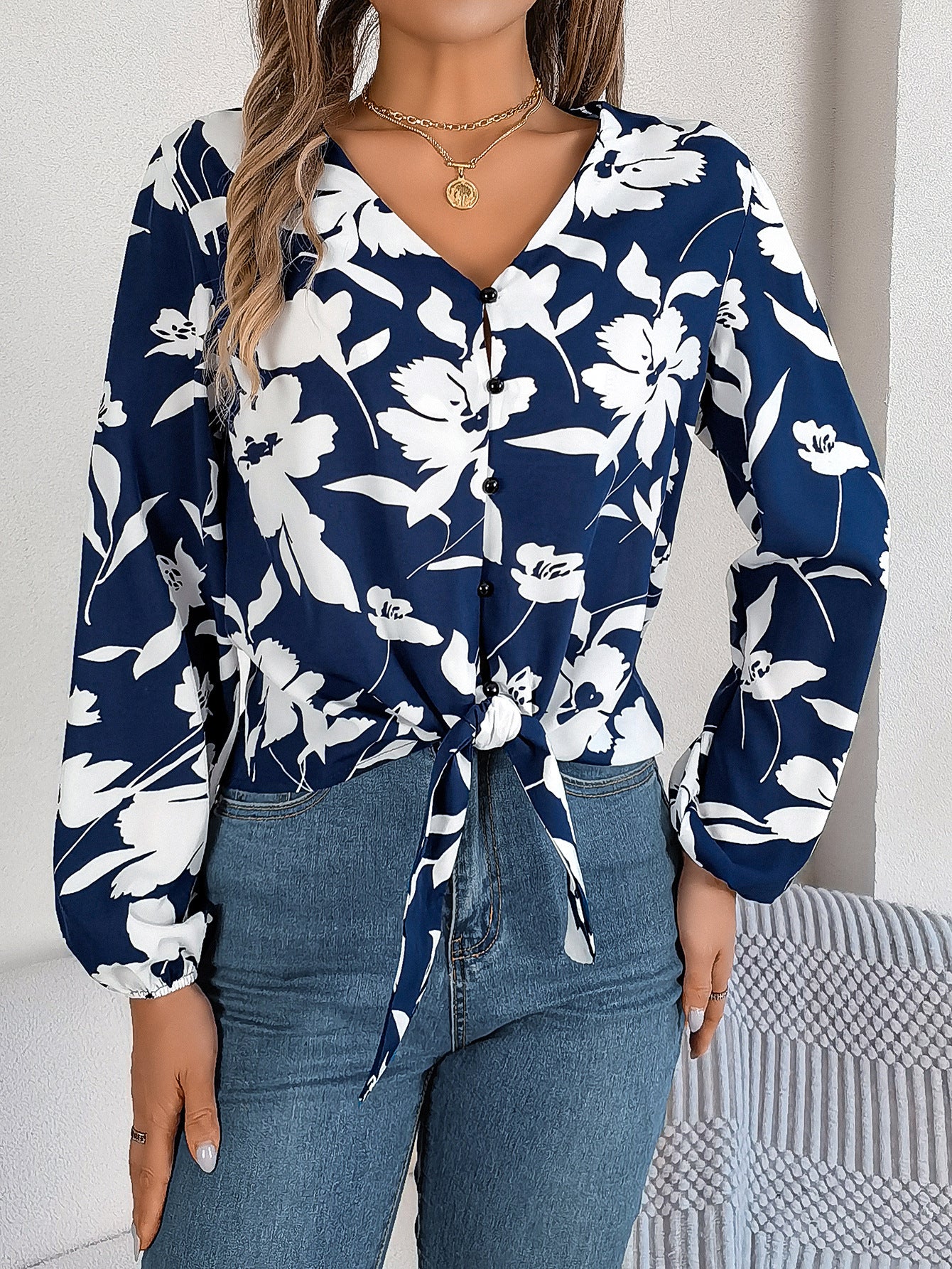 Women Floral V-Neck Shirt Collar Top