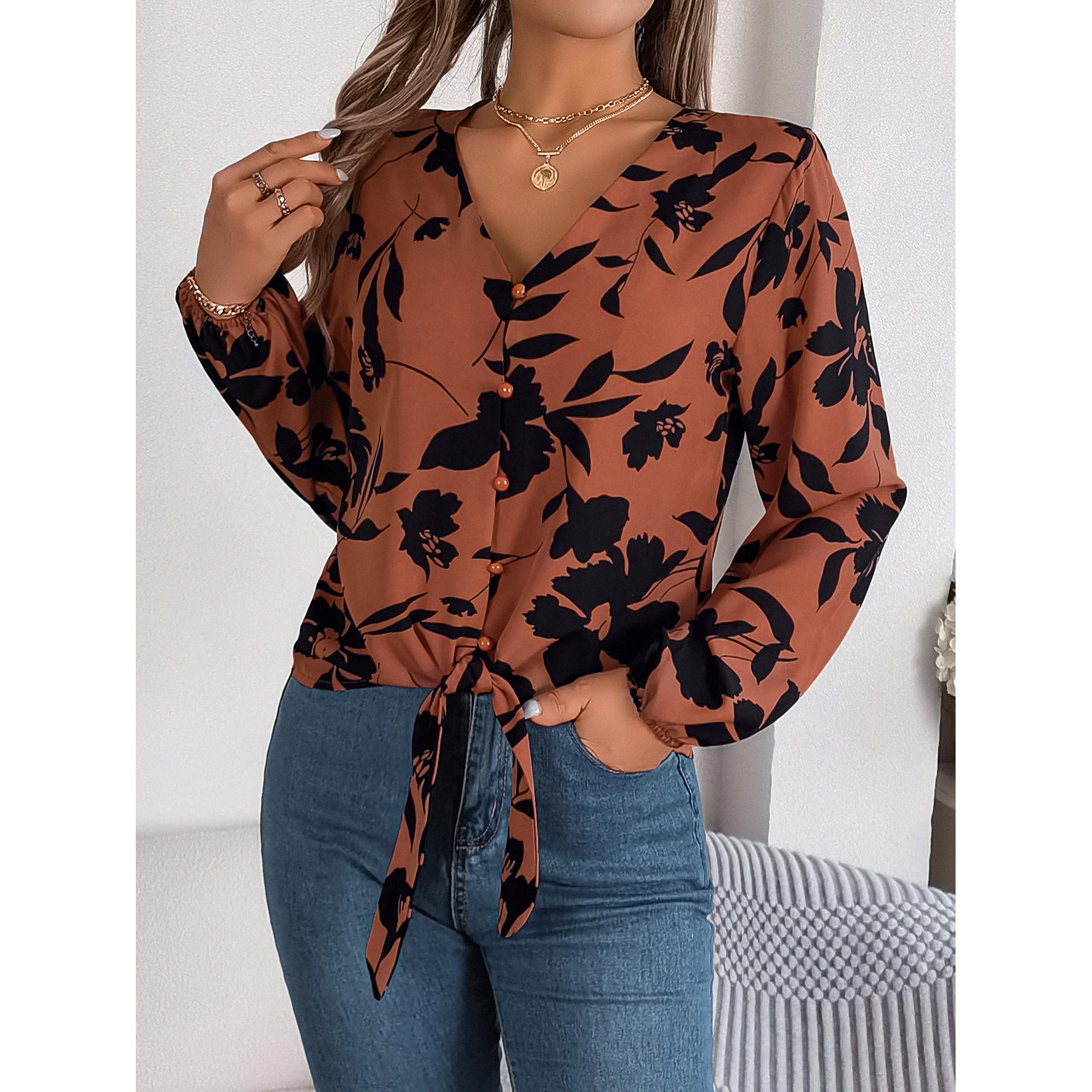 Women Floral V-Neck Shirt Collar Top