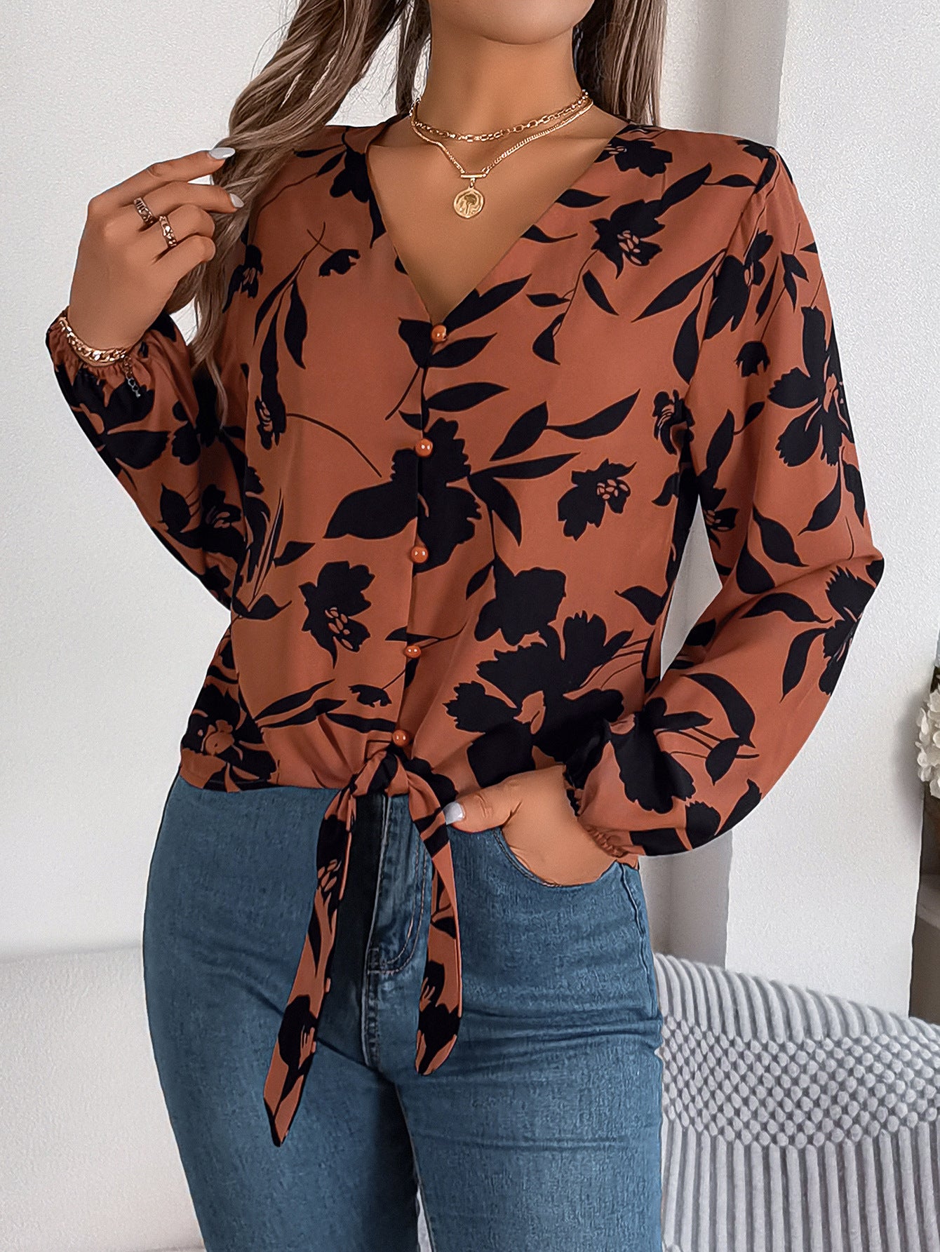Women Floral V-Neck Shirt Collar Top
