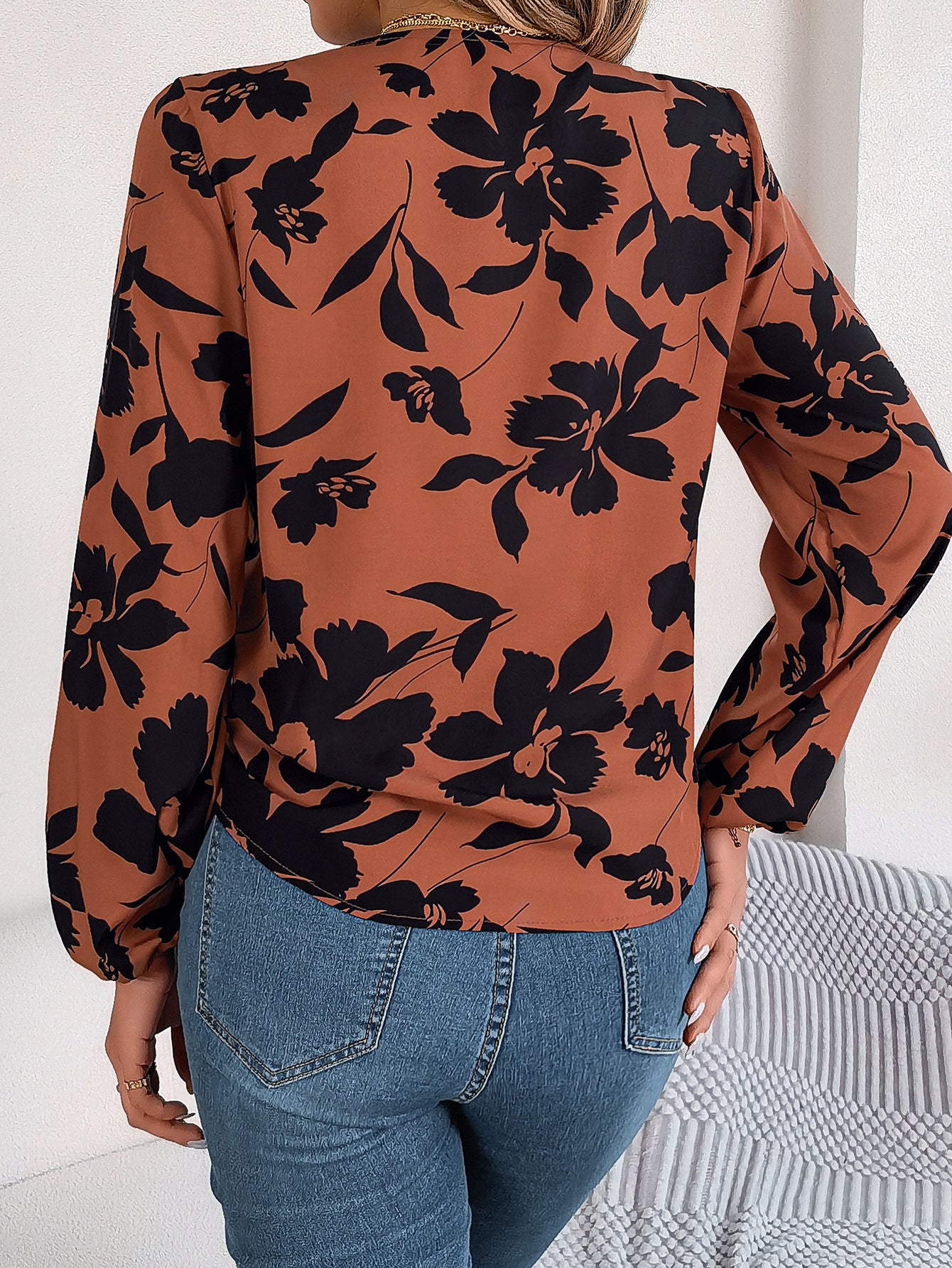 Women Floral V-Neck Shirt Collar Top