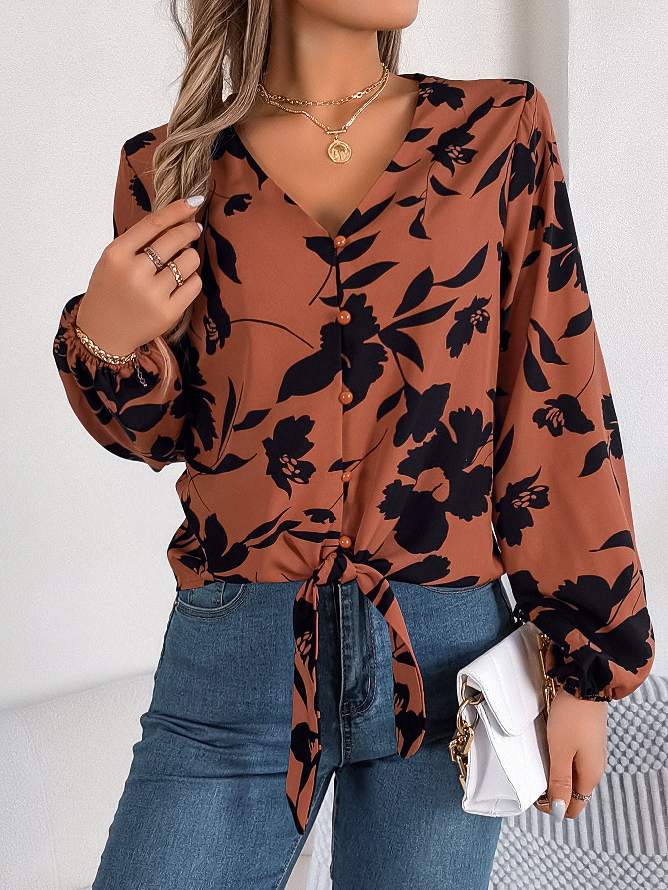 Women Floral V-Neck Shirt Collar Top