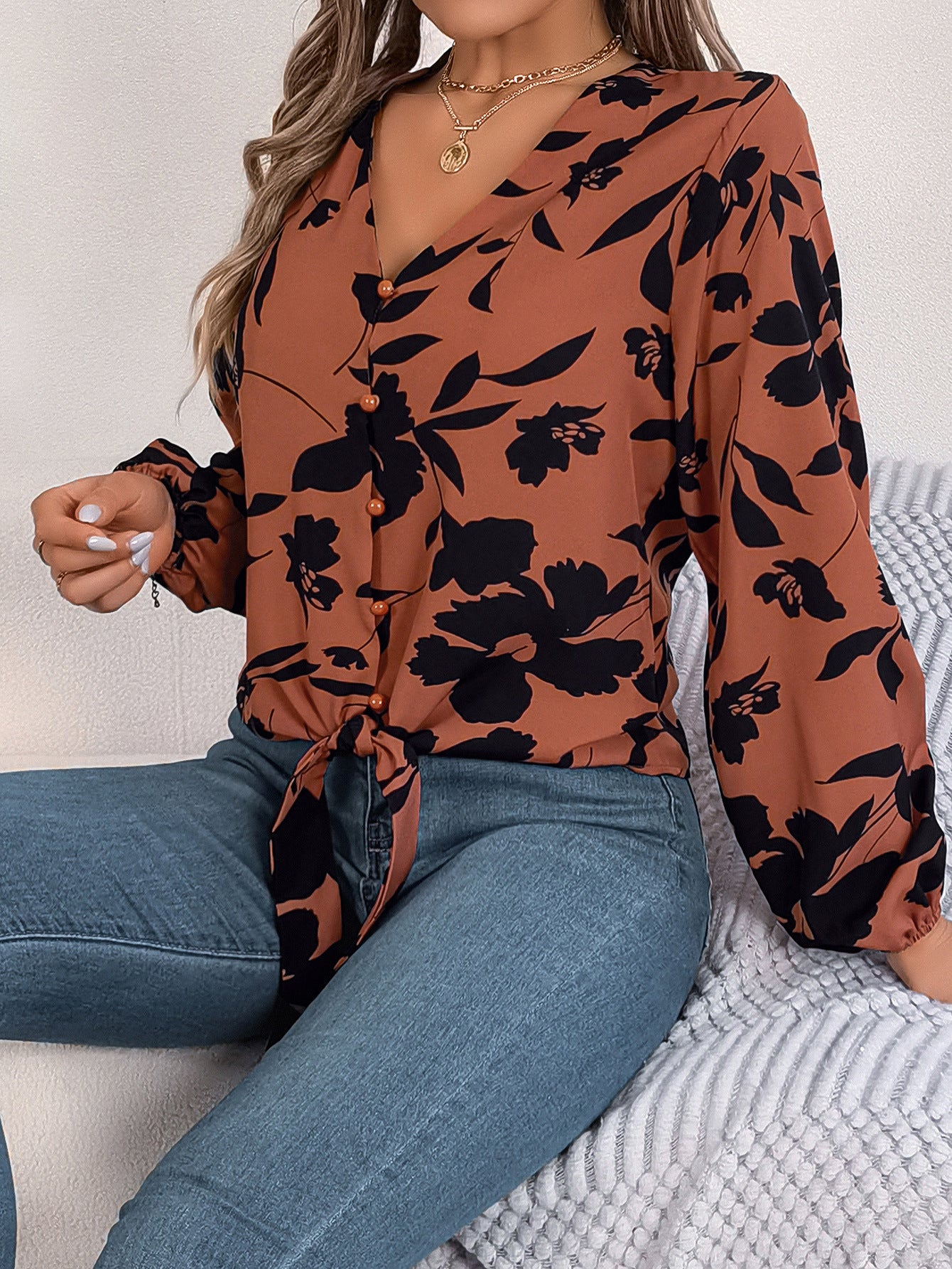 Women Floral V-Neck Shirt Collar Top