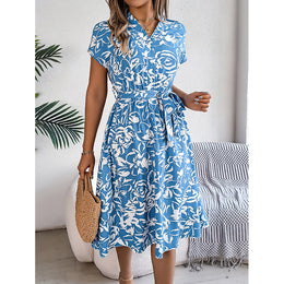 Women V-Neck Cap Sleeves Floral Print Tie-Ups Fit and Flare Midi Dress