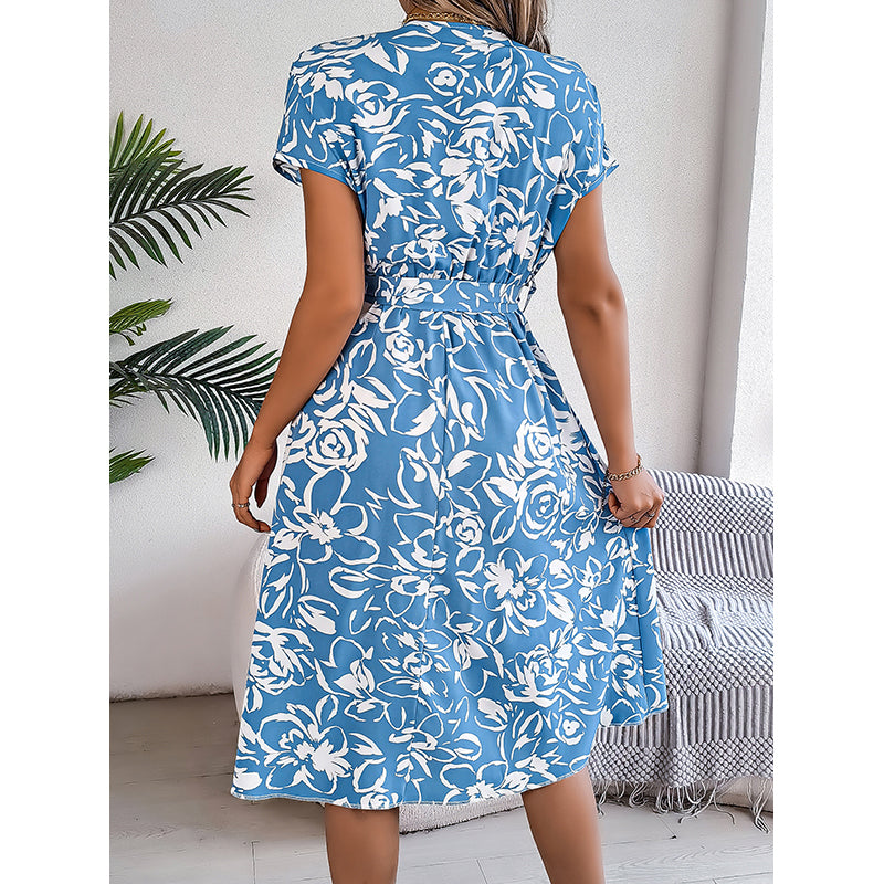 Women V-Neck Cap Sleeves Floral Print Tie-Ups Fit and Flare Midi Dress